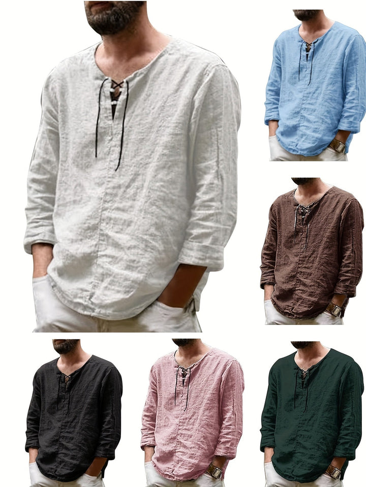 Levoire | T-Shirt Henley À Manches Longues En Mélange Coton-Lin Printemps/Automne