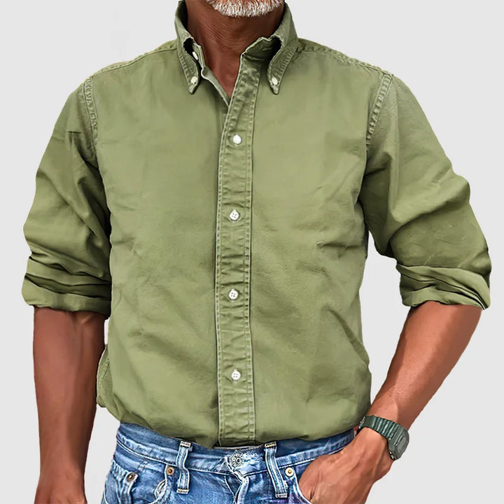 Levoire | Chemise Vintage Pour Hommes Avec Look Delave Et Manches Longues Vert armee