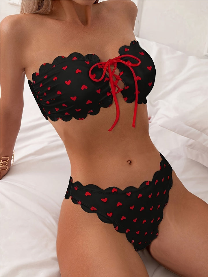Levoire | Ensemble De Bikini Bandeau Avec Motif De Cœur Pour Femmes Noir