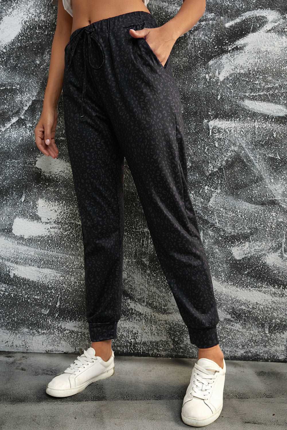 Levoire | Pantalons De Jambe De Pantalon Confortables Imprimés Léopard Avec Poches Noir