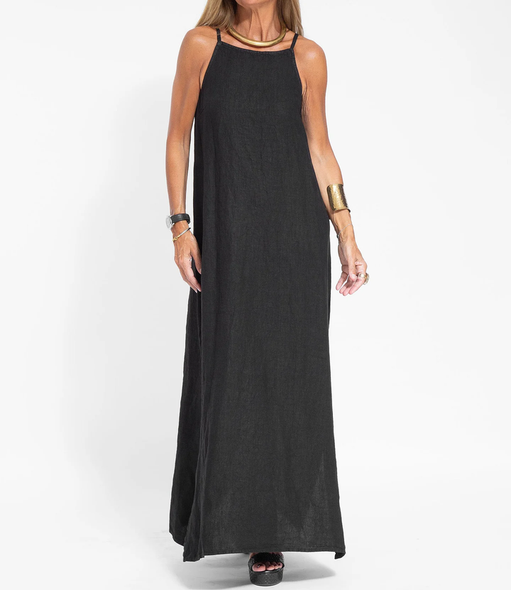 Levoire | Élégante Robe Longue Sans Manches en Coton et lin de Couleur Unie Noir