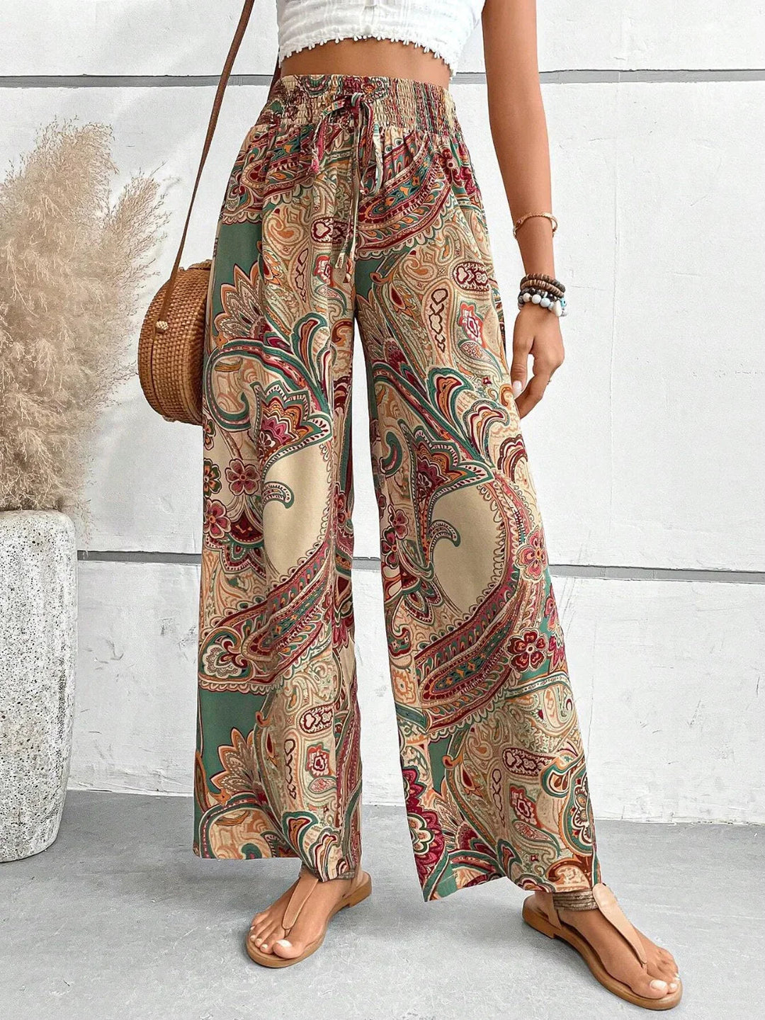 Levoire | Pantalon Rentous Taille Haute, Jambes Larges Et Imprimé Artistique Khaki