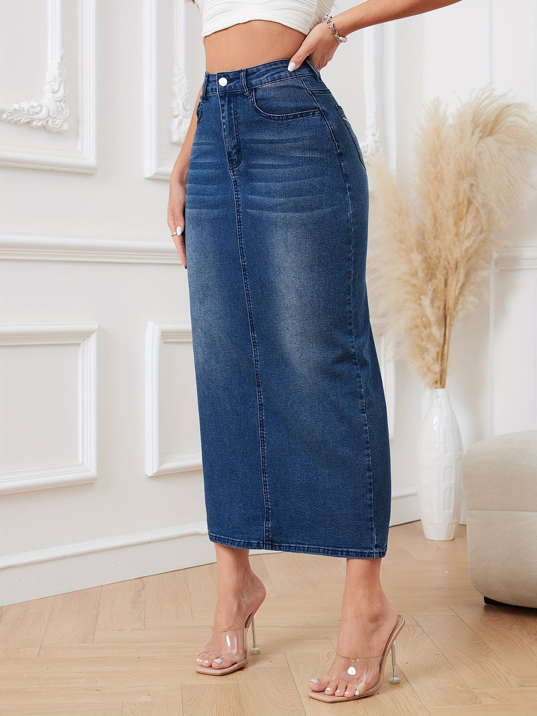 Levoire | Jupe En Denim Midi Tendance Avec Motif Complexe