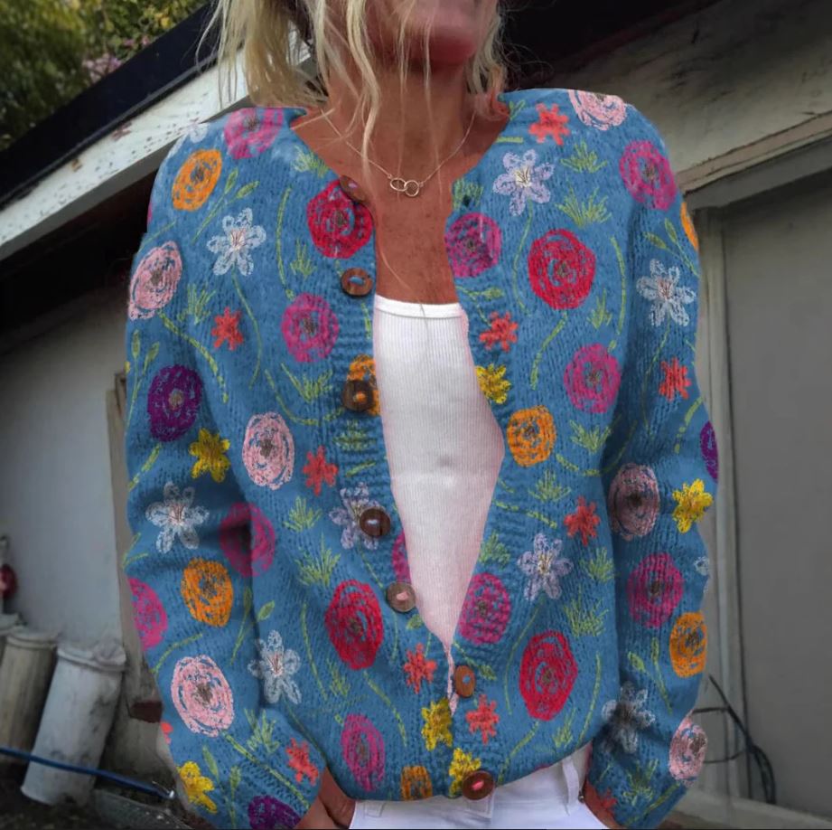 Levoire | Veste En Tricot Bleue Avec Impression Florale