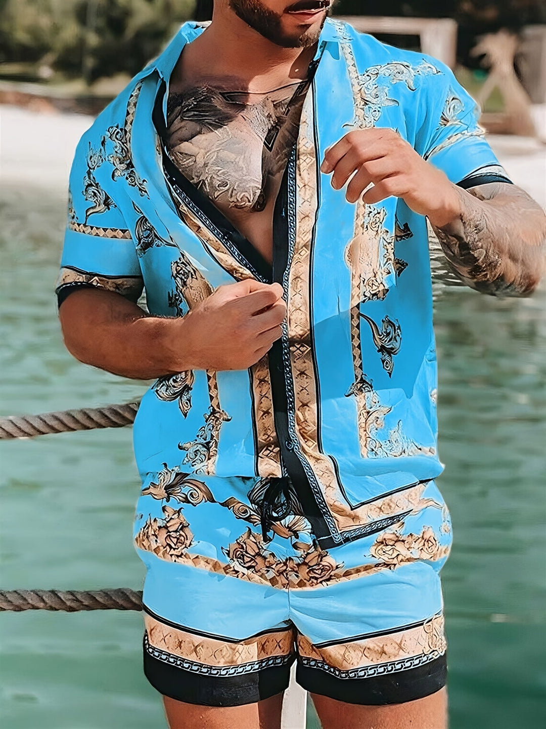 Levoire | 2 Pièces Costume Homme Avec Motif Floral Doré Bleu