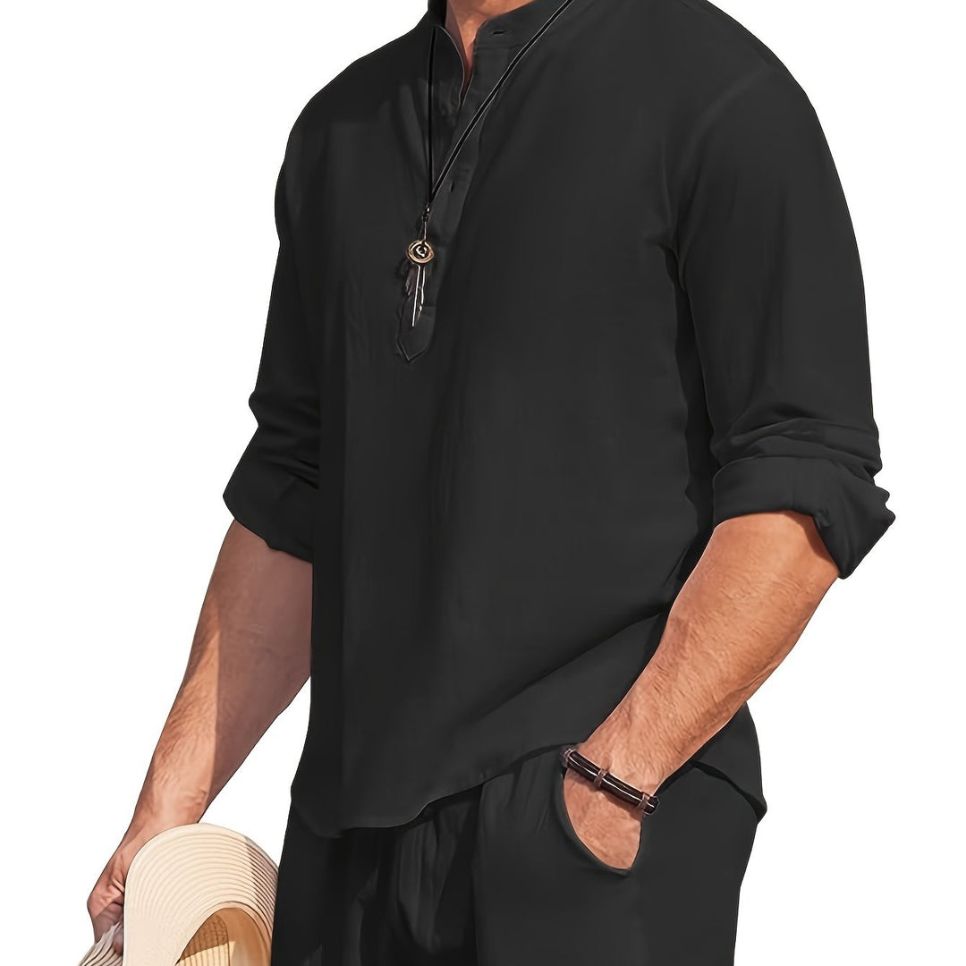 Levoire | T-Shirt Henley Homme Style Rétro À Manches Longues Uni