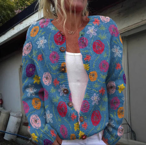 Levoire | Veste En Tricot Bleue Avec Impression Florale