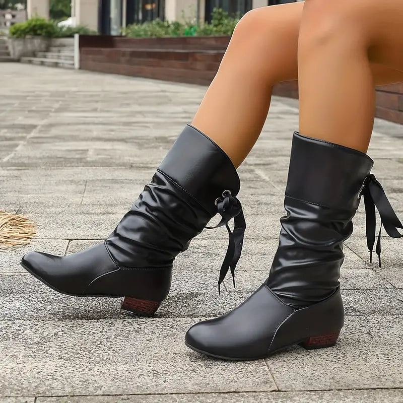 Levoire | Bottes À La Mode Pour Femmes Avec Lacets Et Talon Bloc Jusqu'Au Mollet Noir