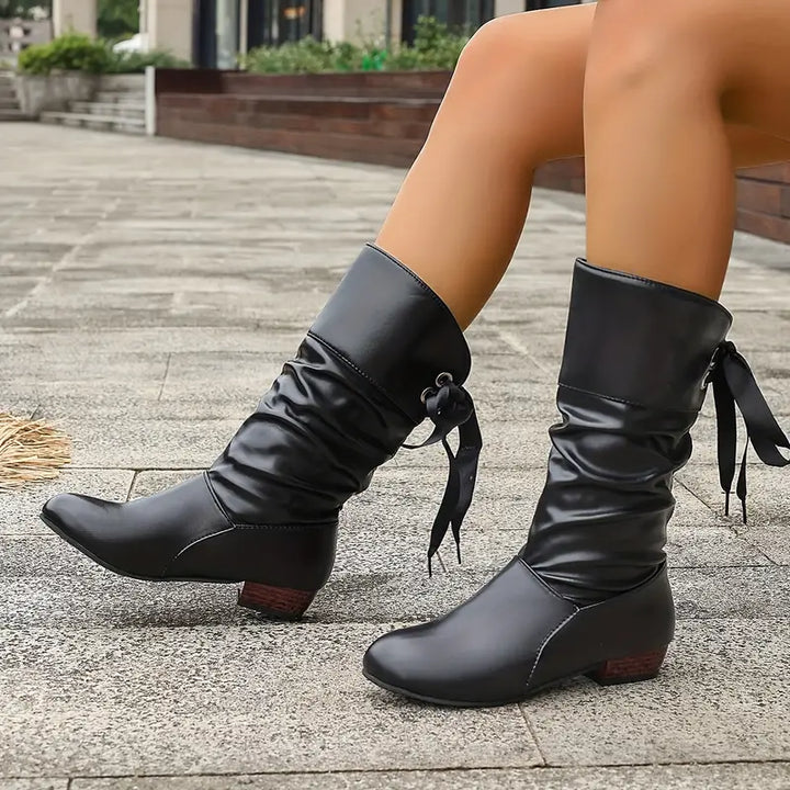 Levoire | Bottes À La Mode Pour Femmes Avec Lacets Et Talon Bloc Jusqu'Au Mollet Noir
