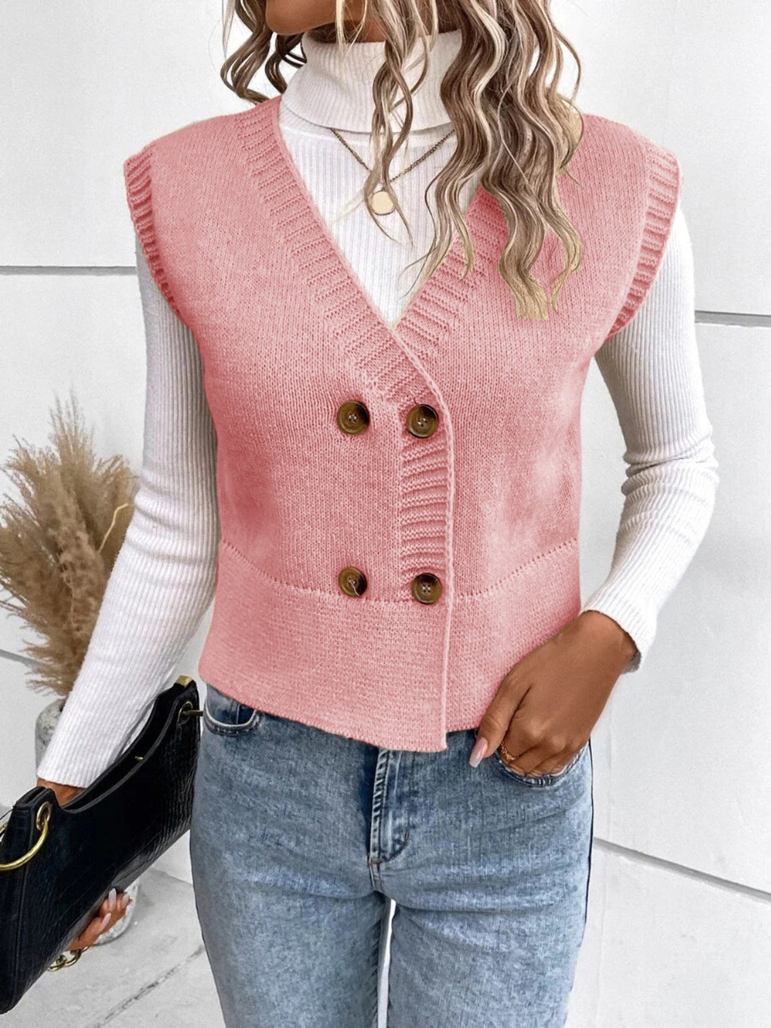 Levoire | Pull Sans Manches Confortable En Tricot Col V Avec Boutons Rosa