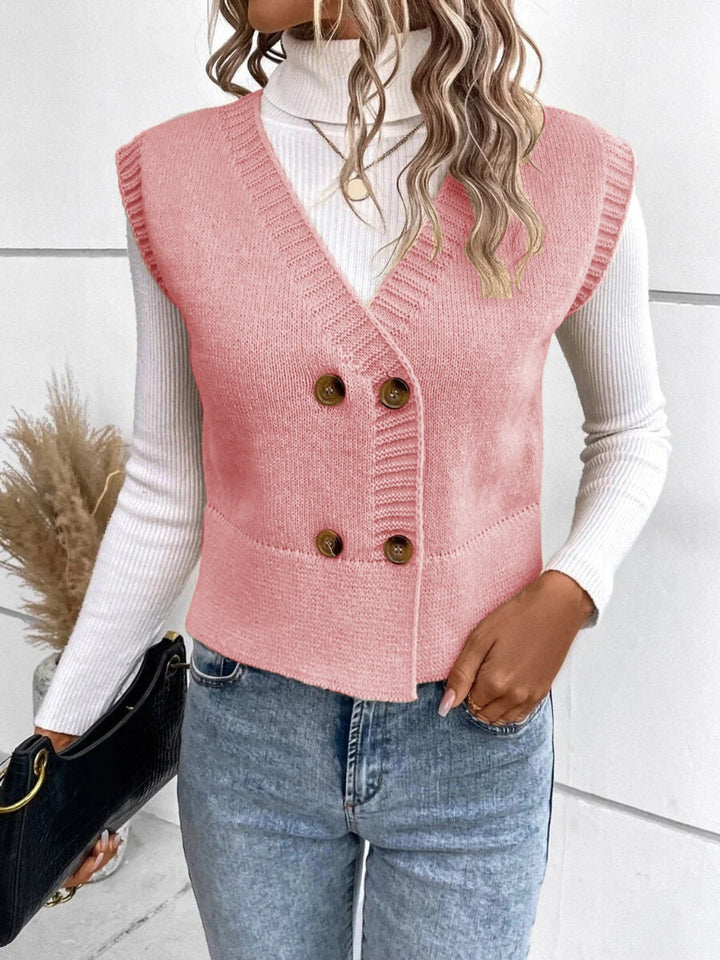 Levoire | Pull Sans Manches Confortable En Tricot Col V Avec Boutons Rosa