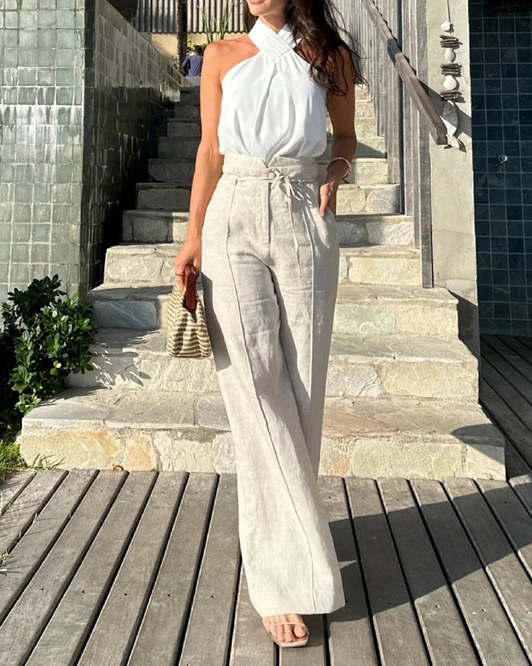 Levoire | Top Noué Avec Un Pantalon Large Blanc et Abricot