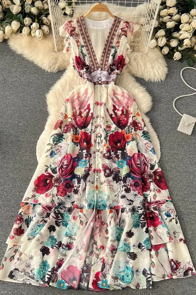 Levoire | Robe longue imprimée pour femmes avec décolleté en V profond Blanc