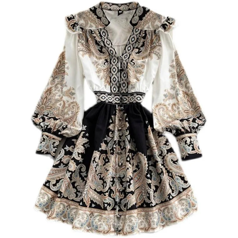 Levoire | Robe imprimée pour femmes avec des manches ballons et un décolleté en V