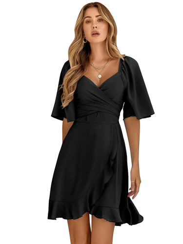 Levoire | Robe de haute qualité à décolleté en V, couleur unie, taille et volants