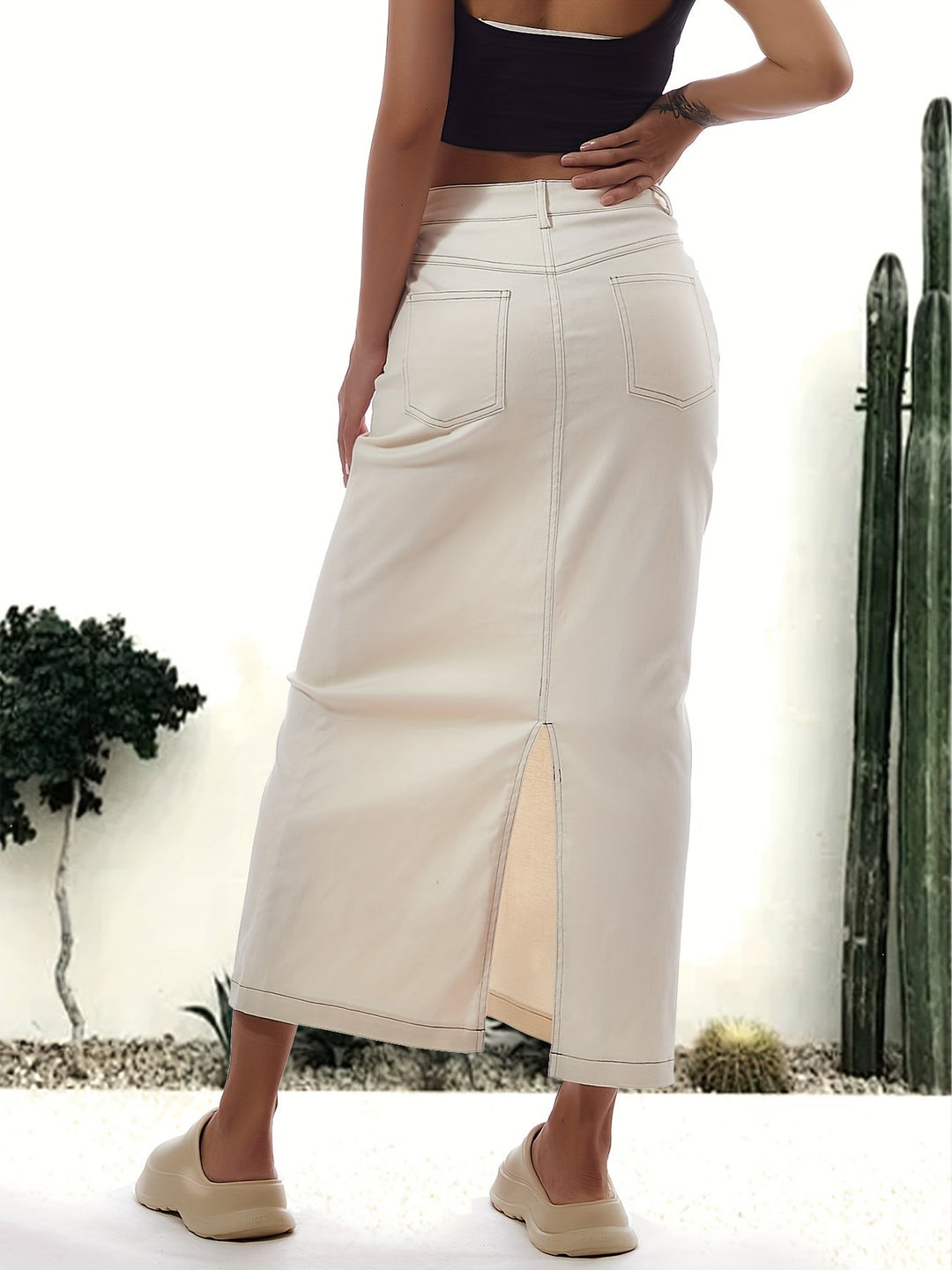 Levoire | Couleur Unie Blanc Fente Arrière Détente Maxi Jean Jupe