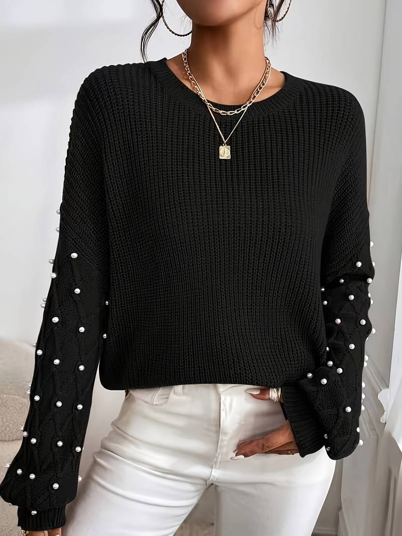 Levoire | Pull Élégant À Manches Longues Avec Col Rond Et Perles