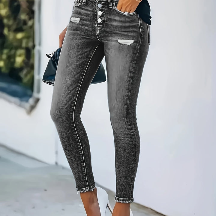Levoire | Pantalon Skinny Déchiré Avec Base À Franges Et Motifs Combinés