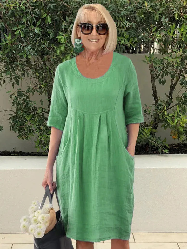 Levoire | Robe tunique midi en coton lin à poches de couleur unie Vert