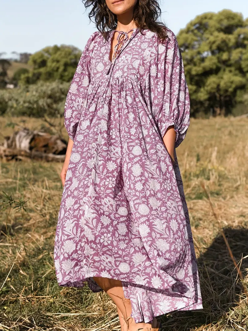 Levoire | Robe Maxi Boho Décontractée Avec Noeuds Décolleté En V Et Manches Courtes