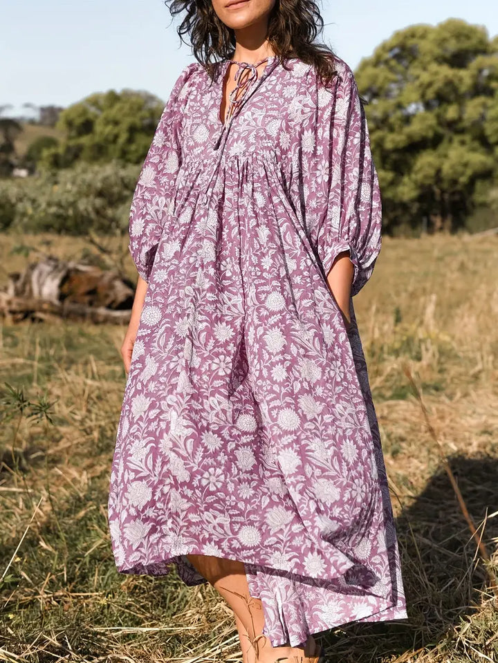Levoire | Robe Maxi Boho Décontractée Avec Noeuds Décolleté En V Et Manches Courtes