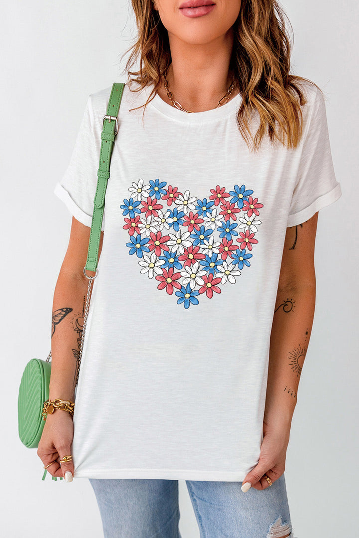Levoire | Fleurs Graphique Col Rond Manches Courtes T-shirt Blanc