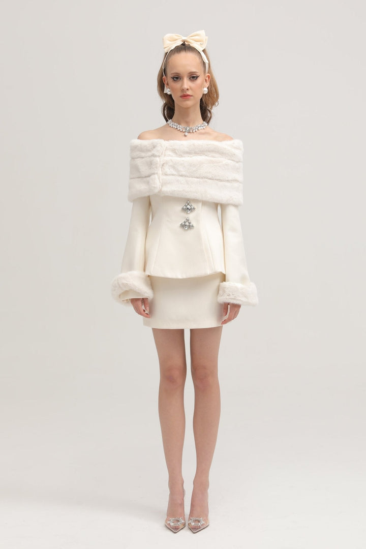 Levoire | Veste En Fausse Fourrure Blanche & Jupe Ensemble Assorti