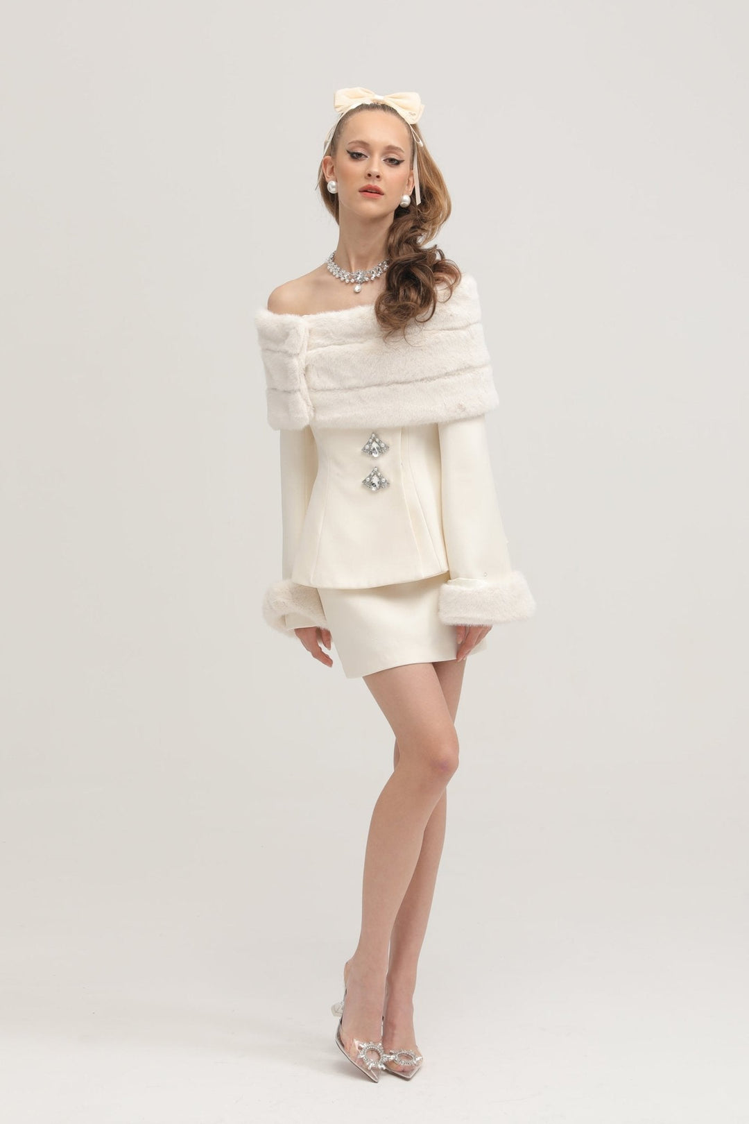 Levoire | Veste En Fausse Fourrure Blanche & Jupe Ensemble Assorti