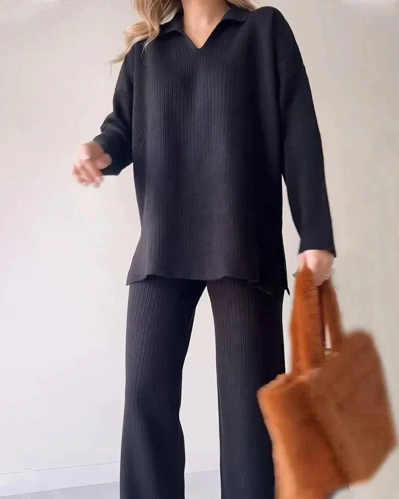 Levoire | Ensemble De Tricot Calme À Deux Pièces Avec Décolleté En V Et Fente Noir