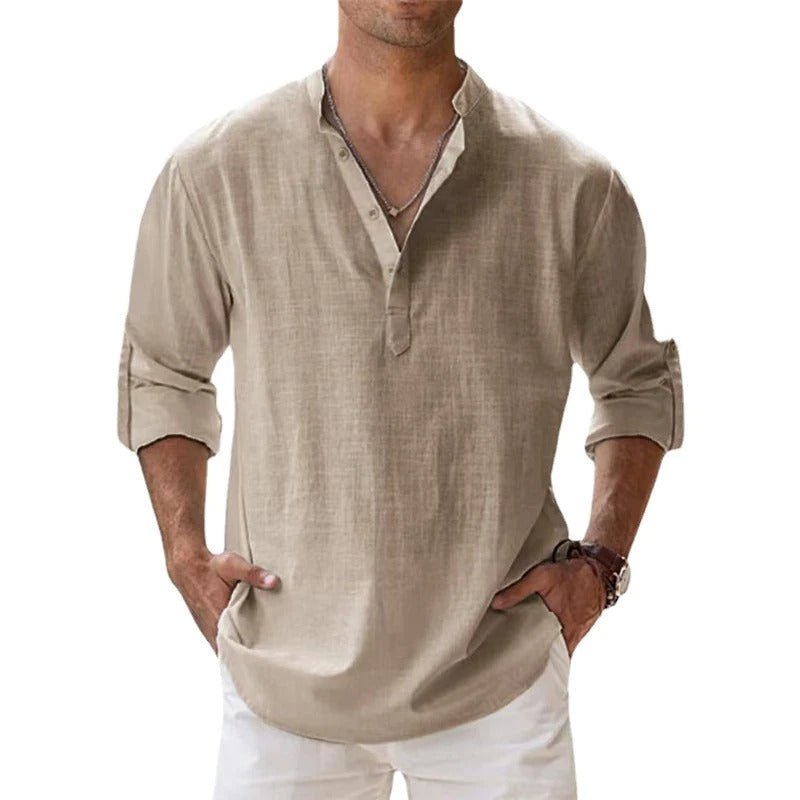 Levoire | Hommes Dét Coton Lin Chemise Kaki foncé