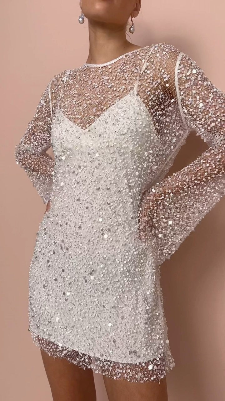 Levoire | Ensemble robe à bretelles en mesh perlé Blanc