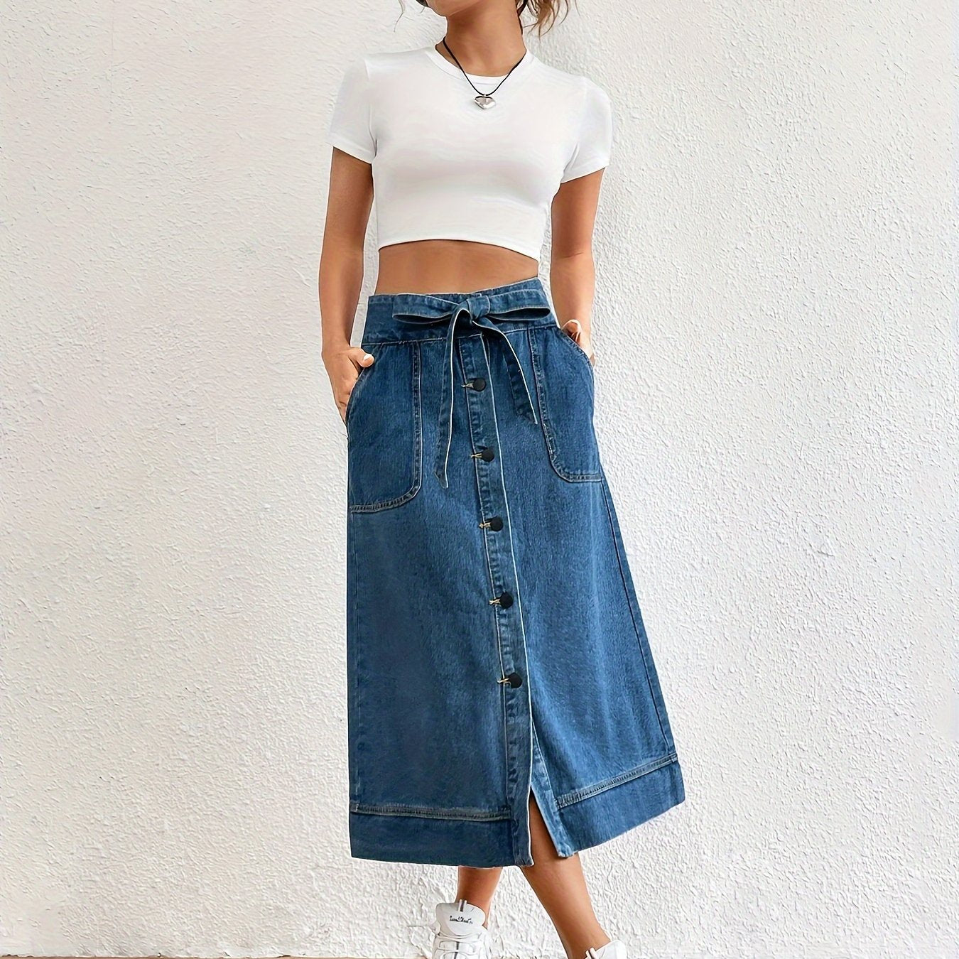 Levoire | Jupe Midi En Denim Uni Avec Ceinture À Nouer