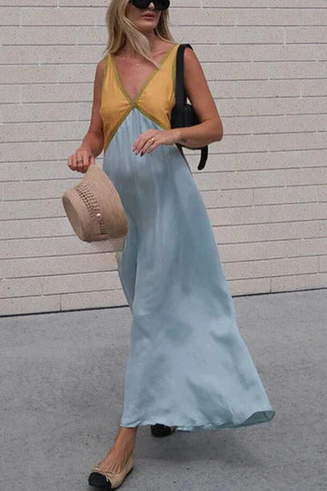 Levoire | Robe Maxi En Satin Brillant Couleur De Contraste Jaune