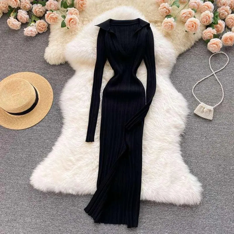 Levoire | Robe à manches longues en tricot extensible Noir Une taille