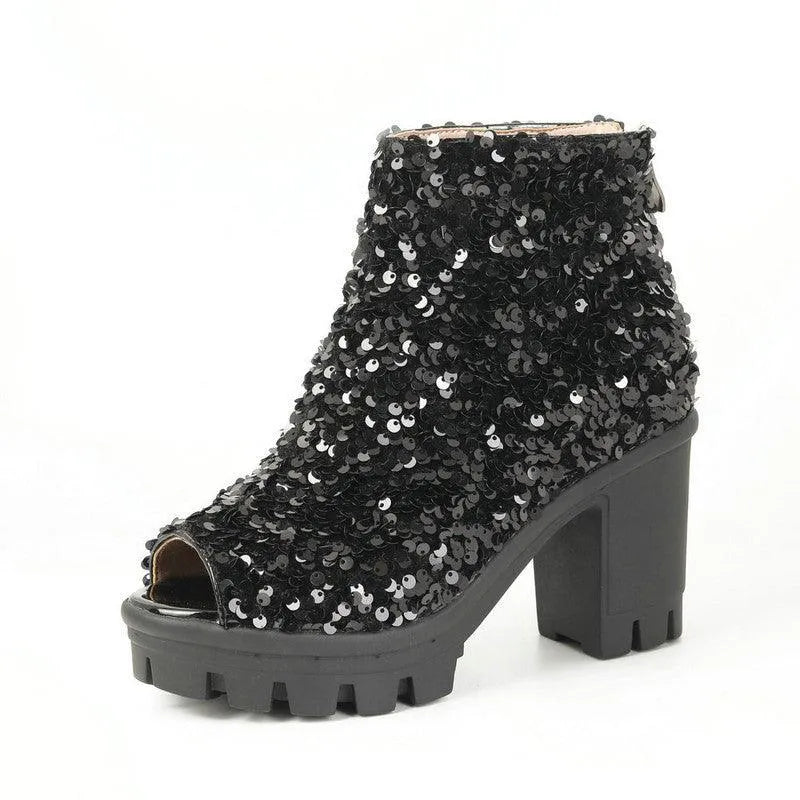 Levoire | Bottes pour femmes avec une haute fermeture éclair en tissu avec des paillettes et une haute plateforme Noir