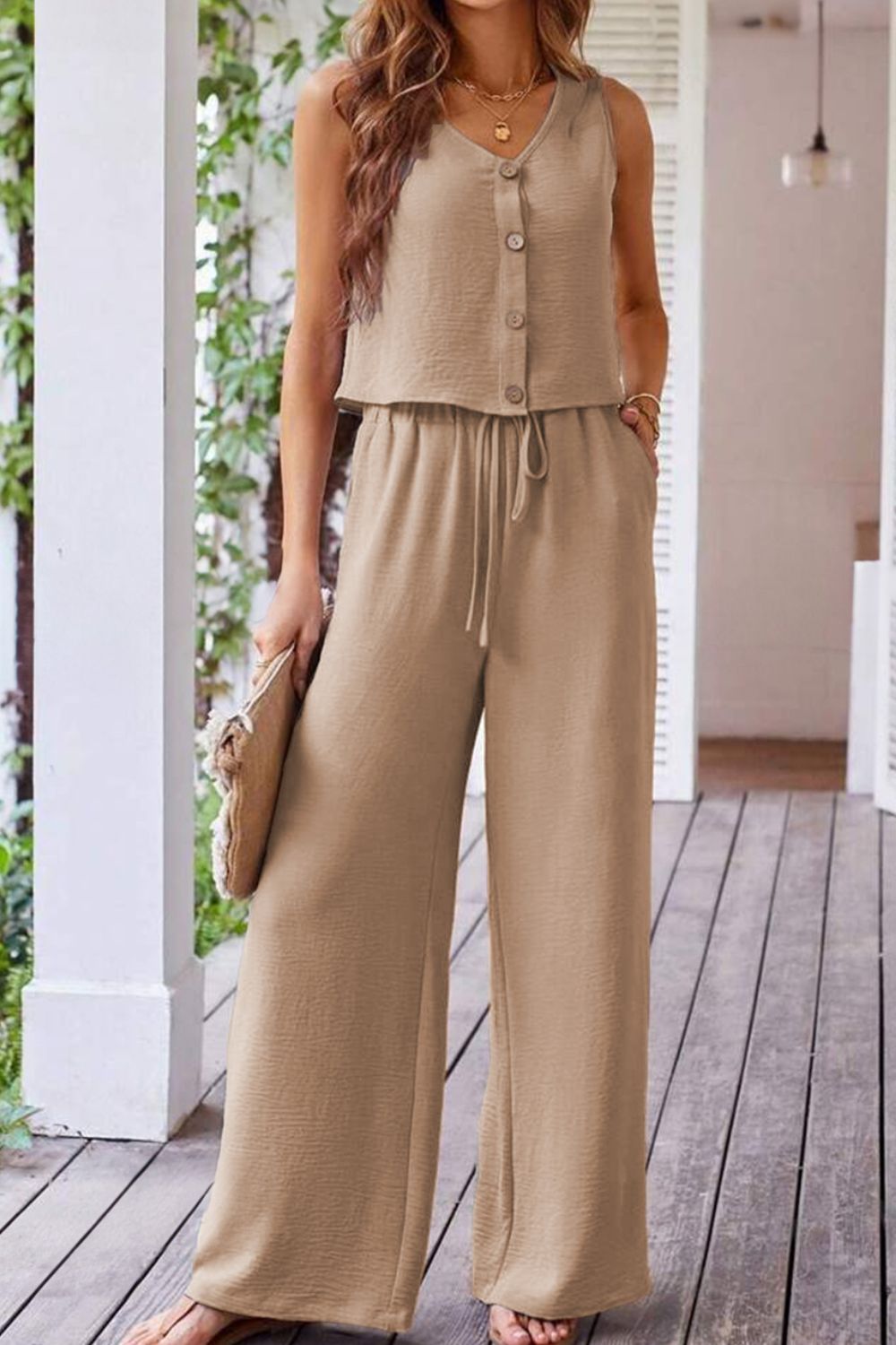Levoire | Chemise Boutonnée Gilet & Pantalons Amples À Cordon Chic & Sans Effort Style