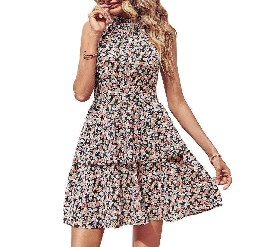 Levoire | Robe trapèze pour femmes avec volants sans dos Noir Rouge
