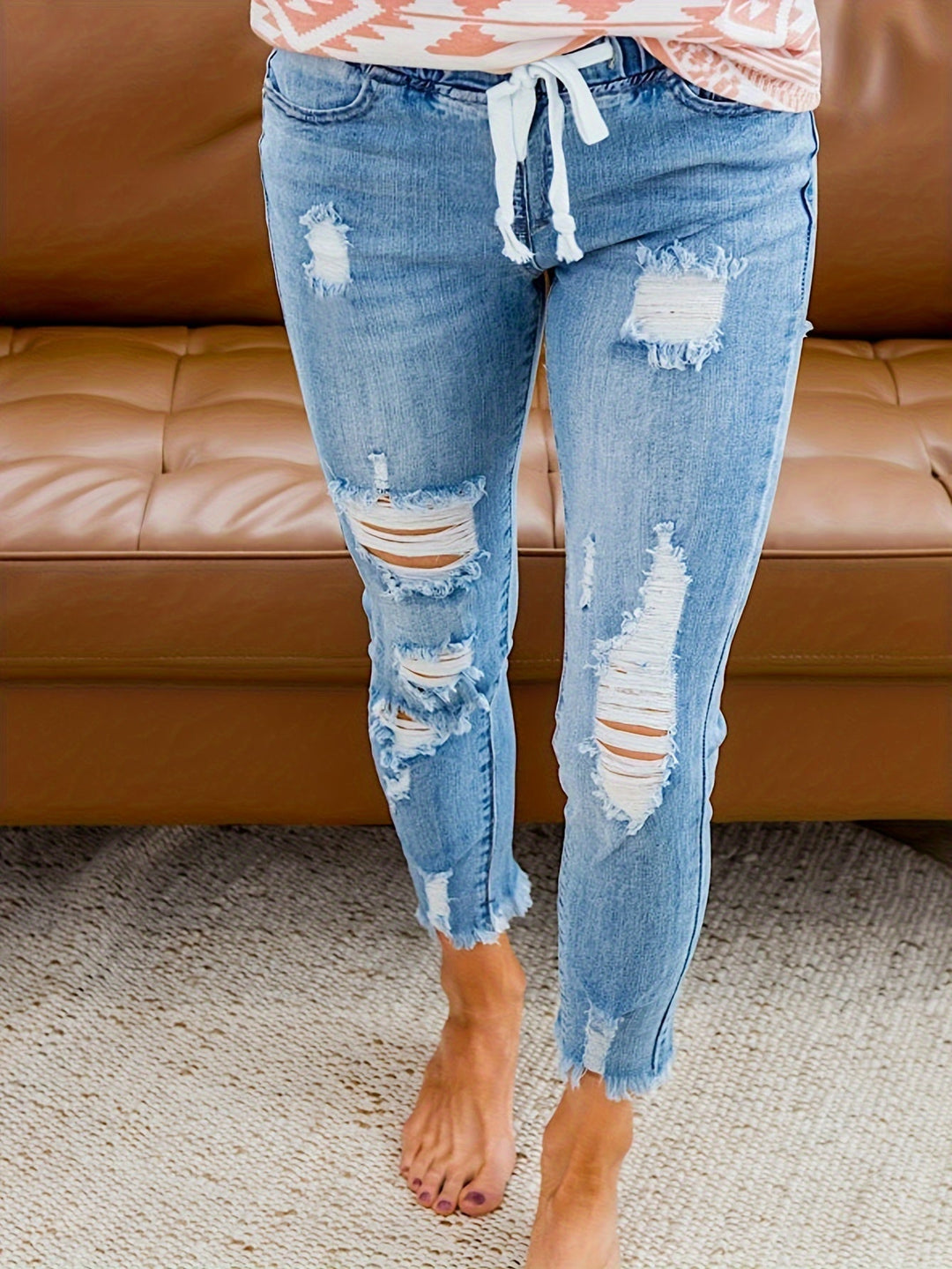 Levoire | Jean Femme Détendu Déchiré Avec Cordon Et Stretch Bleu clair
