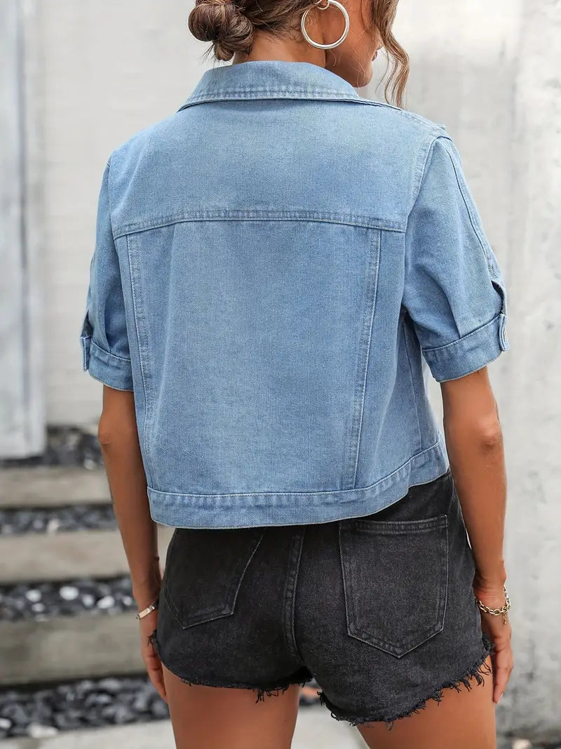 Levoire | Élégant Denim Jacket With Short Sleeves, Buttons, And Pockets