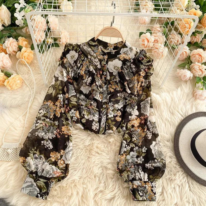 Levoire | Chemisier en chiffon avec des manches bouffantes Noir Une taille