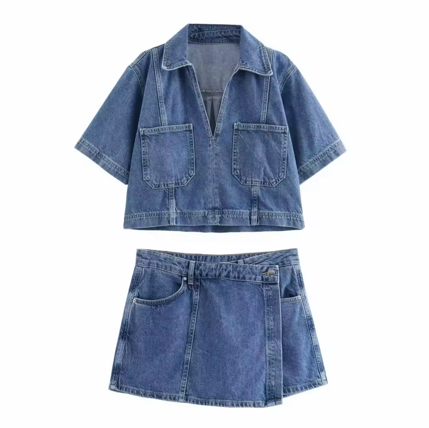 Levoire | Shorts En Denim Élégants Et Haut Avec Décolleté En V Moderne Bleu