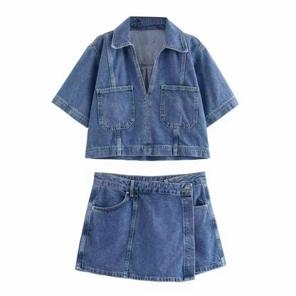 Levoire | Shorts En Denim Élégants Et Haut Avec Décolleté En V Moderne Bleu