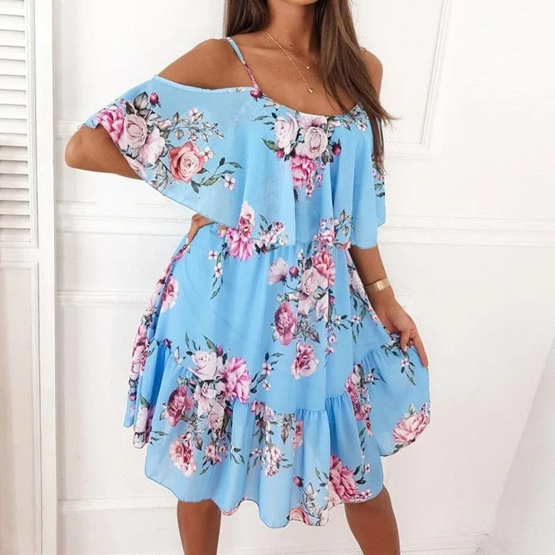 Levoire | Imprimé floral robe d'été avec des rubans décoratifs Bleu