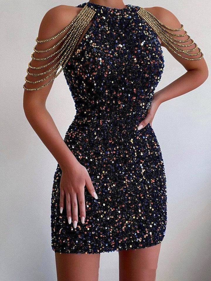 Levoire | Robe à franges en cristal à dos nu Noir