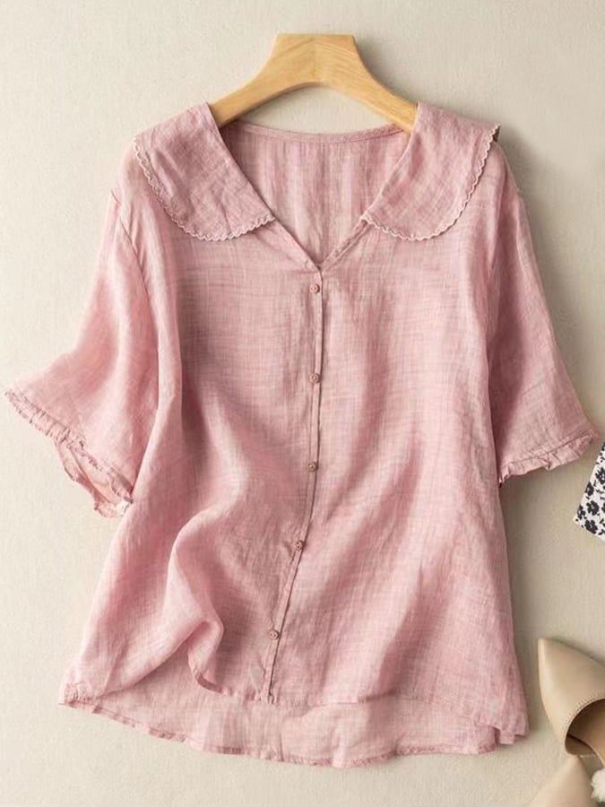 Levoire | Chemise Rétro En Lin Pour Femmes Avec Col Peter Pan Rosa