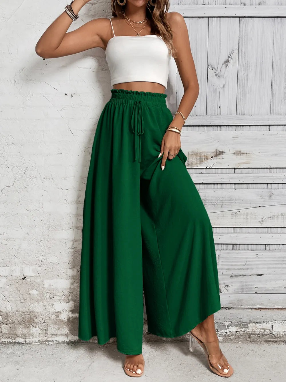 Levoire | Honey Tied Pantalon Large Taille Haute Vert foncé