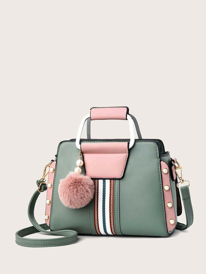 Levoire | Sac Chic Carré En Vert Clair Polyester Avec Pompon Ludique Bleu poussière avec rose