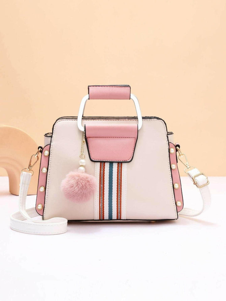 Levoire | Sac Chic Carré En Vert Clair Polyester Avec Pompon Ludique Blanc w Rose