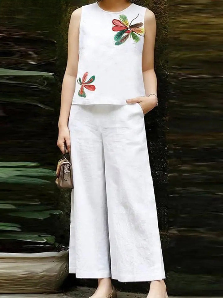 Levoire | Haut À Fleurs Brodé Et Pantalon Ample Set Blanc