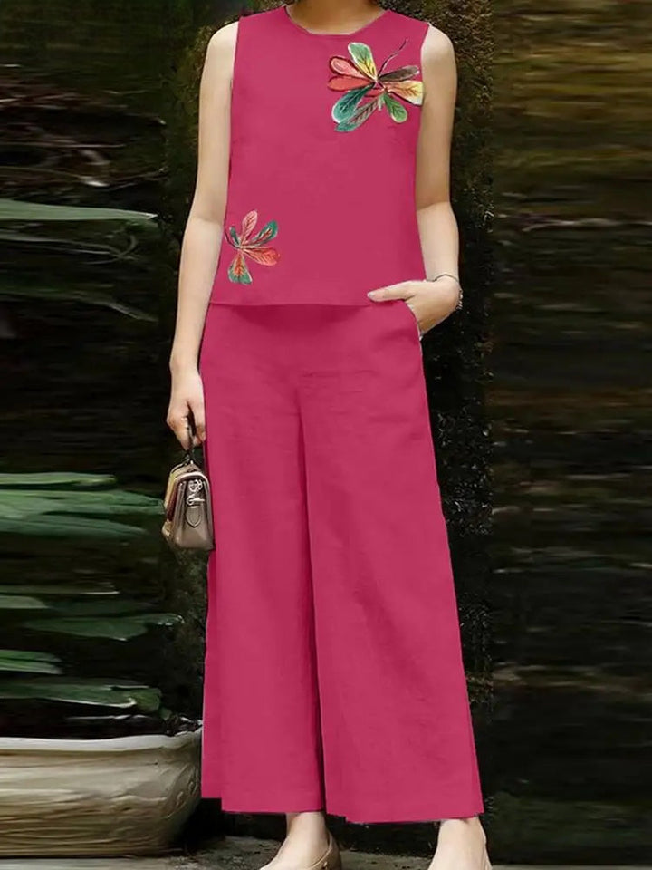 Levoire | Haut À Fleurs Brodé Et Pantalon Ample Set Rosa